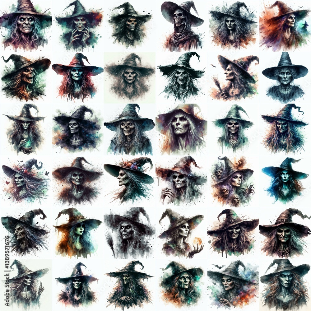 Witch nightmare portrait. Watercolor drawing. AI generated illustration
