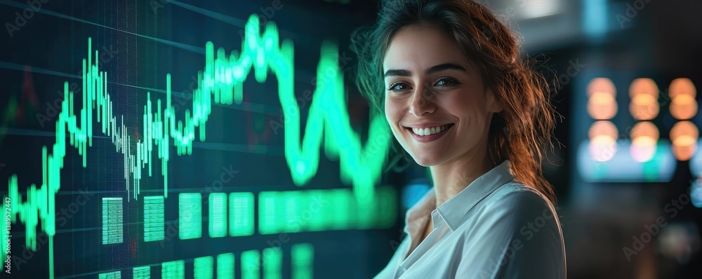 Green stock market chart with business and industry finance concept. A smiling woman stands beside a financial data display. Green stock market chart with business and industry finance concept. A smiling woman stands beside a financial data display.