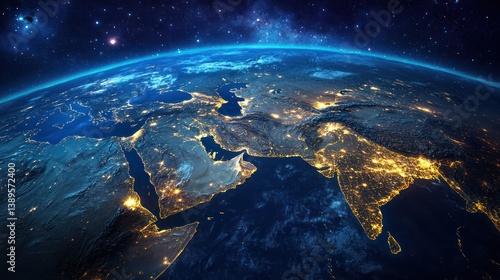 Earth from space illuminating vibrant city lights across the Middle East