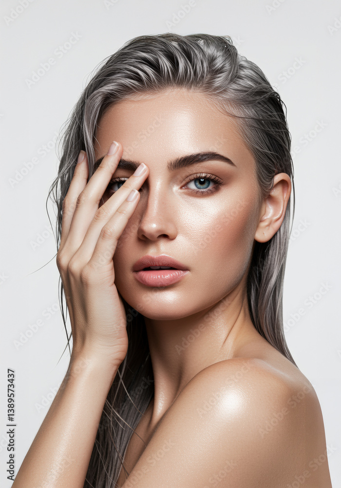 Fototapeta premium Elegant Woman with Long Gray Hair Portrayed Against a Clean White Background Capturing Timeless Beauty - Created by AI
