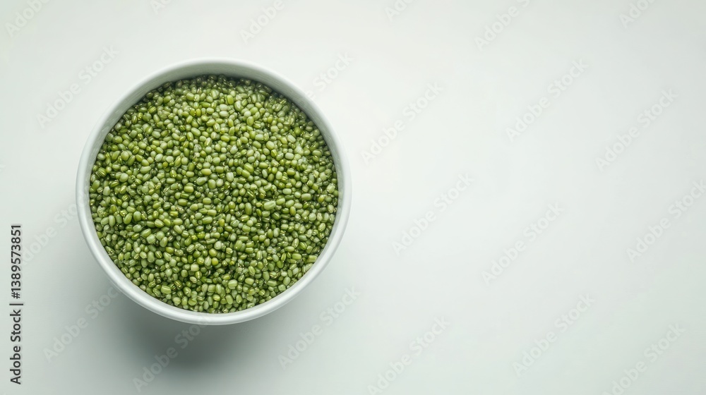 Green mung beans in a white bowl on a white background Green mung beans in a white bowl on a white background
