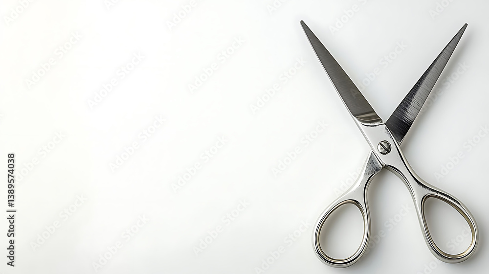 Open scissors shiny blades and handles lie on a smooth bright white surface. Open scissors shiny blades and handles lie on a smooth bright white surface.