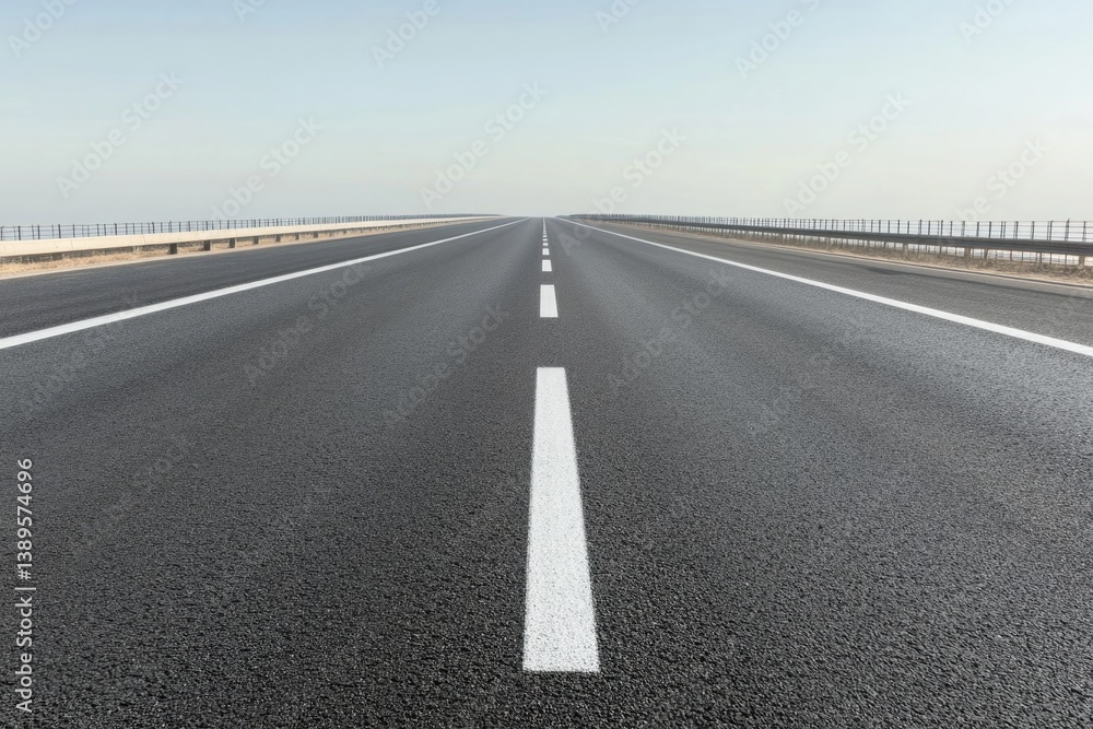 Fototapeta premium Endless highway stretches into horizon, smooth asphalt and clear
