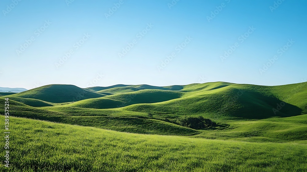 Lush green rolling hills under a clear blue sky. Lush green rolling hills under a clear blue sky.