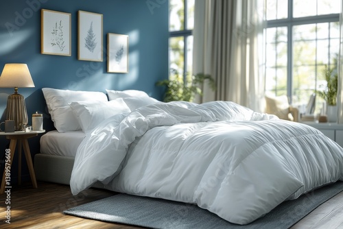 A white comforter is spread across a bed in a bedroom