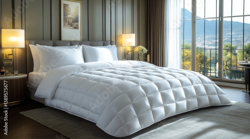 A large white comforter with a city skyline in the background