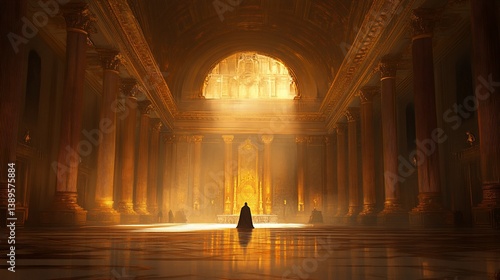 Mystical figure stands in golden grandeur, illuminated by radiant light
