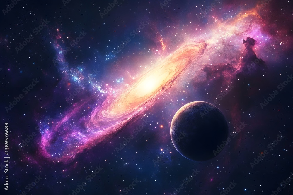 Obraz premium Cosmic spiral galaxy with vibrant nebulae and a distant planet