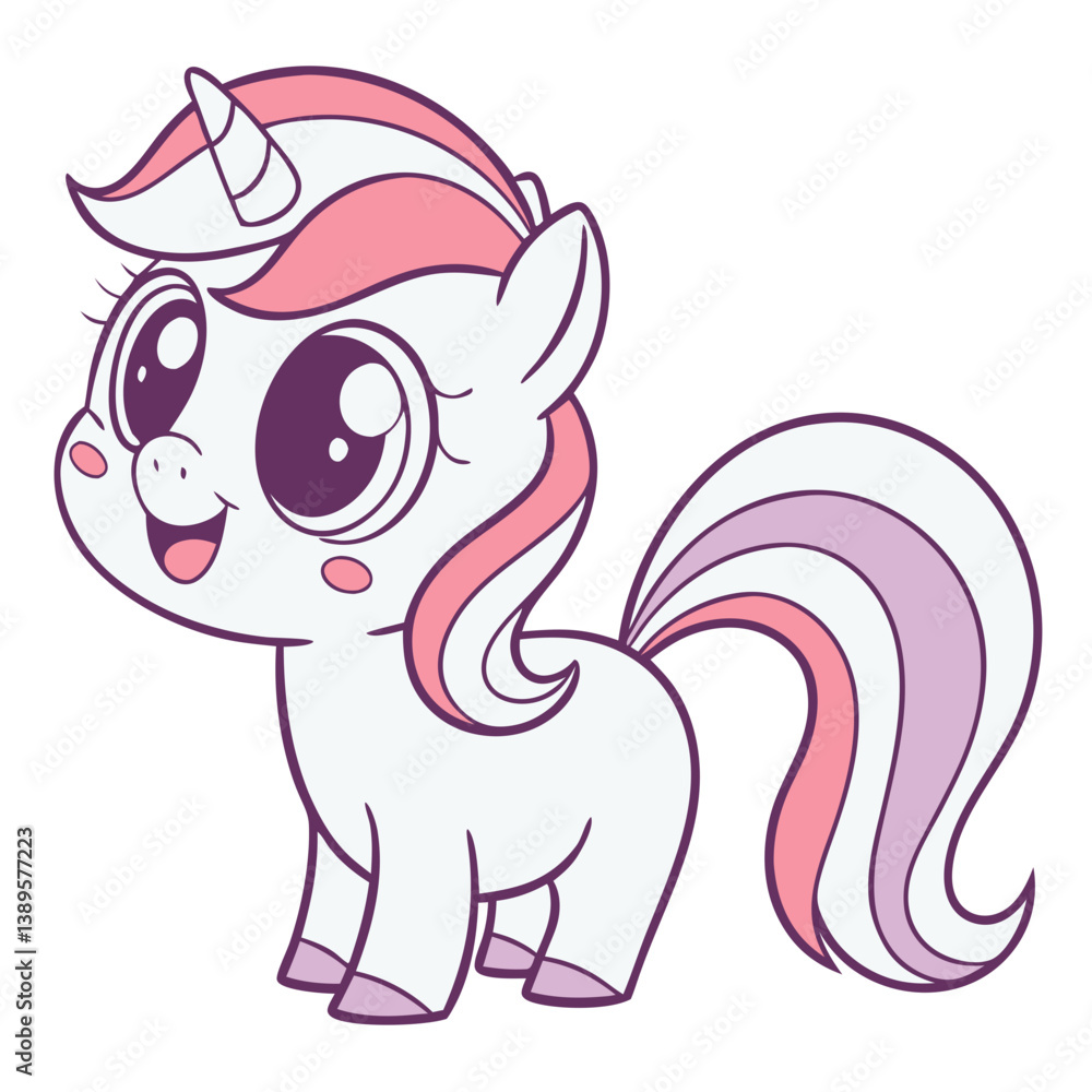 Fototapeta premium This cute kawaii unicorn features a happy face, large expressive eyes, and a vibrant mane and tail. It stands out against a pure white background, appealing to fans of whimsical art