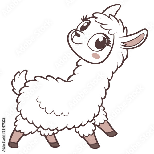A fluffy wooly alpaca stands out against a white background, radiating charm with its cute features and bright eyes. Its playful expression brings a sense of joy and whimsy