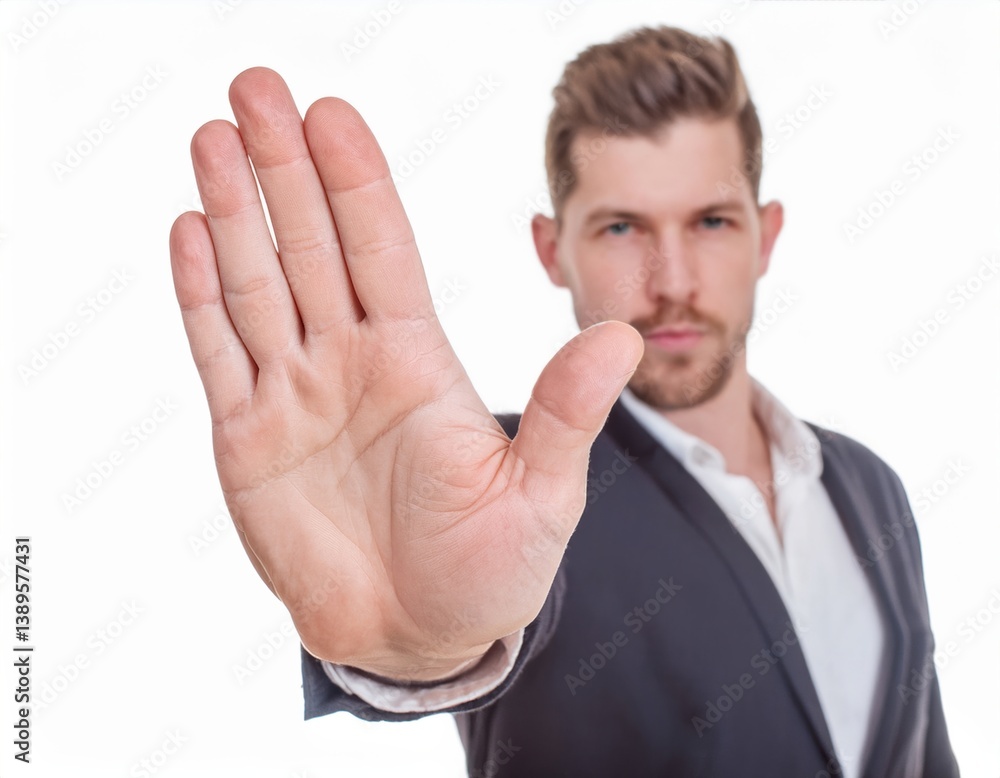 Young caucasian male with outstretched hand in a stop gesture Young caucasian male with outstretched hand in a stop gesture