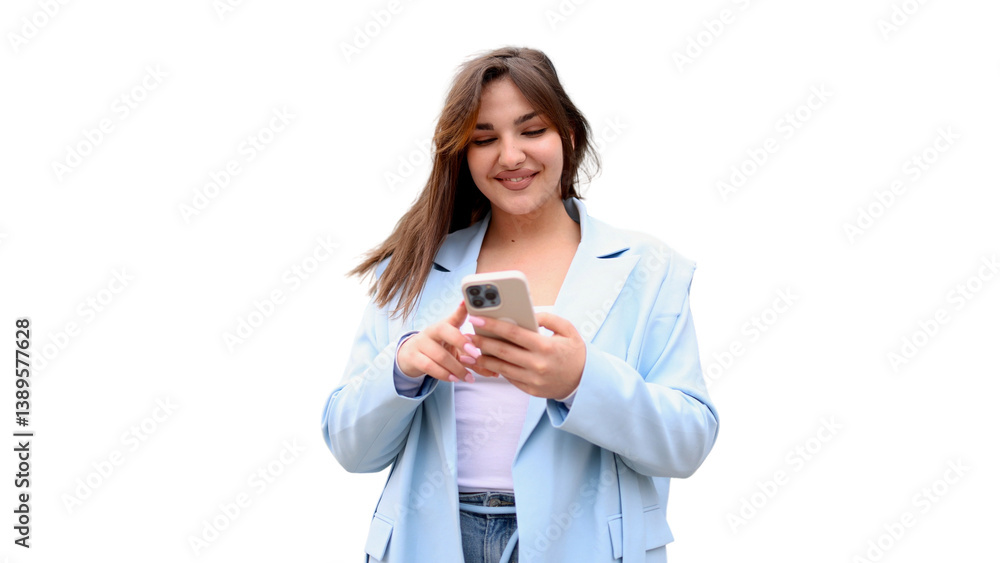 Smiling businesswoman using mobile phone on transparent background Smiling businesswoman using mobile phone on transparent background