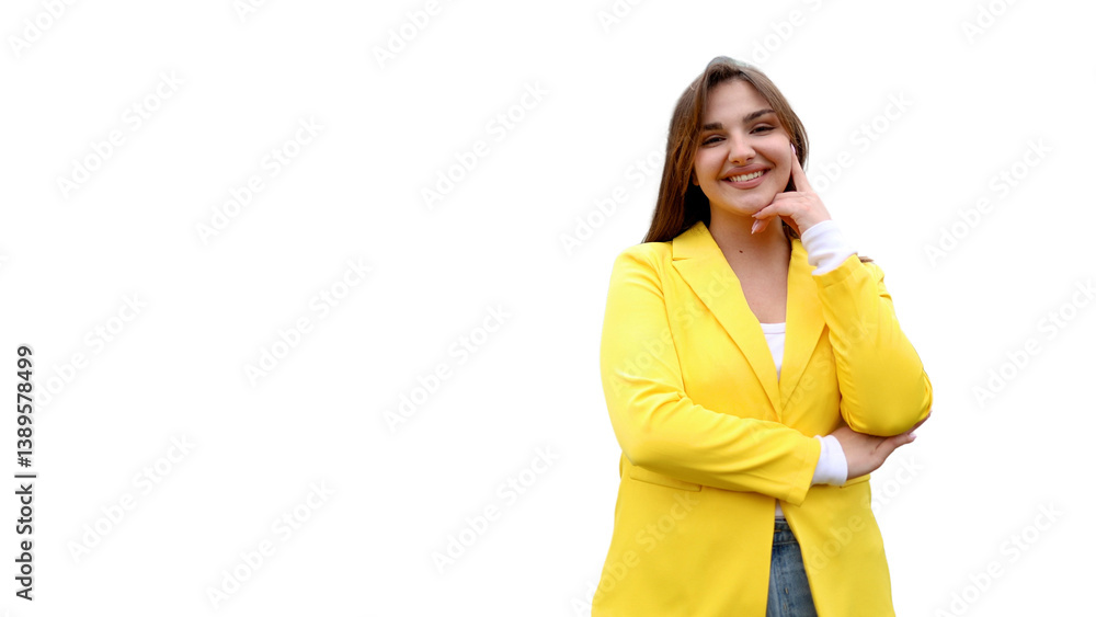 Confident businesswoman in yellow jacket is smiling and touching her chin on a transparent background Confident businesswoman in yellow jacket is smiling and touching her chin on a transparent background