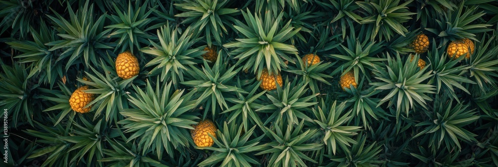 Vibrant aerial view of a lush pineapple plantation with ripe fruits nestled among spiky green leaves in a tropical landscape Vibrant aerial view of a lush pineapple plantation with ripe fruits nestled among spiky green leaves in a tropical landscape