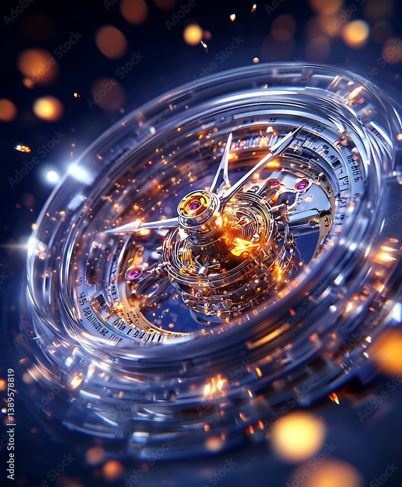 A detailed close up of a metallic watch mechanism and clock