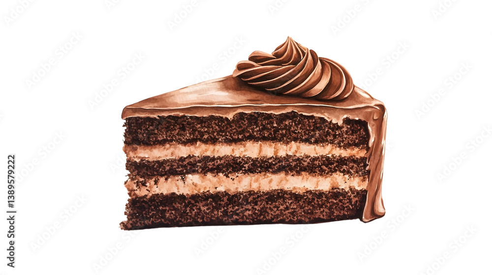 Decadent Chocolate Cake Slice with Layers of Frosting on White Plate - Food Photography Decadent Chocolate Cake Slice with Layers of Frosting on White Plate - Food Photography