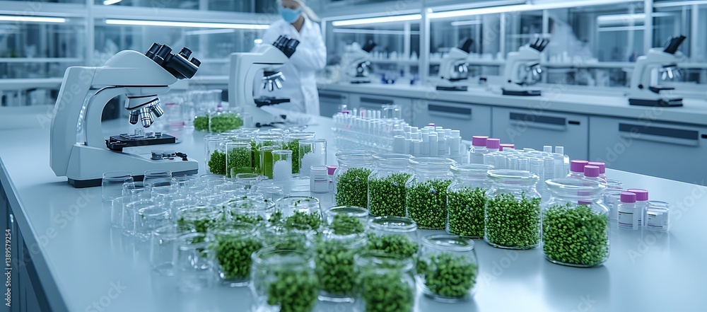 Scientist Analyzing Plant Samples Under Microscopes In Laboratory Setting