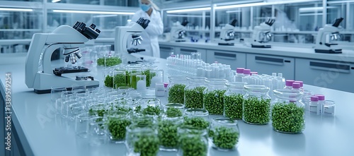 Obraz na płótnie Scientist Analyzing Plant Samples Under Microscopes In Laboratory Setting w salonie