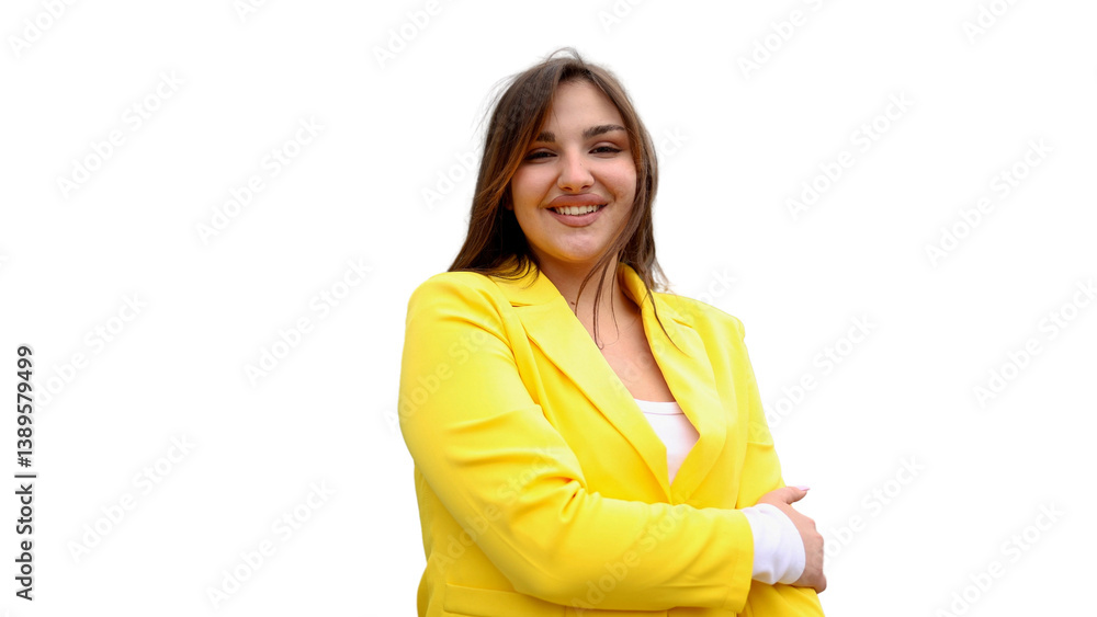 Confident businesswoman in yellow suit, standing with crossed arms, smiling against transparent background Confident businesswoman in yellow suit, standing with crossed arms, smiling against transparent background