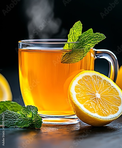 Obraz na płótnie A steaming glass of tea garnished with fresh lemon and mint w salonie