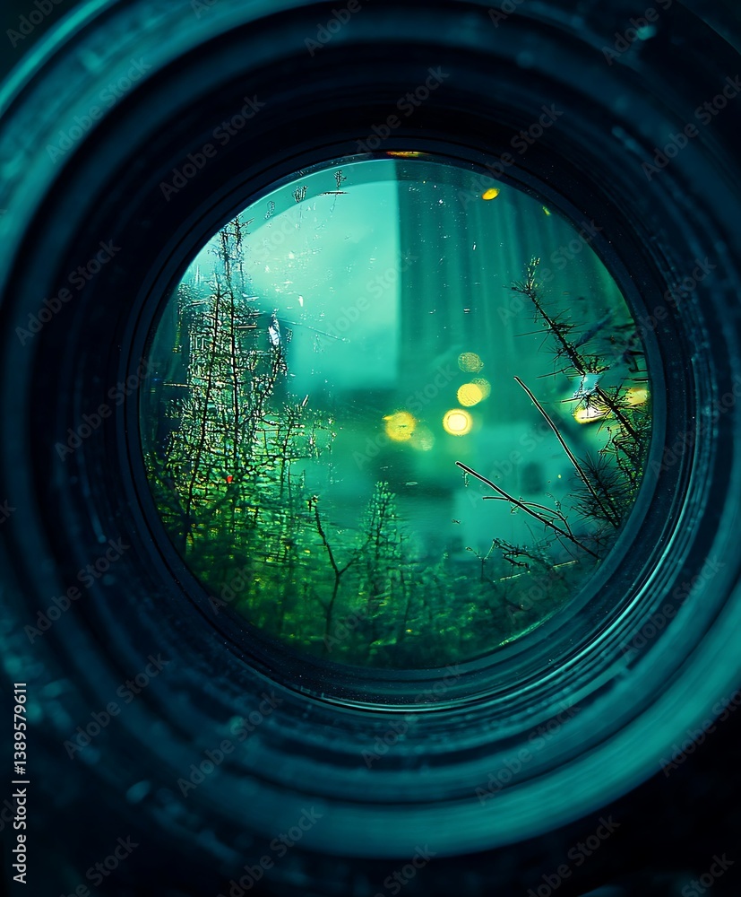 A view through the lens shows trees and urban elements