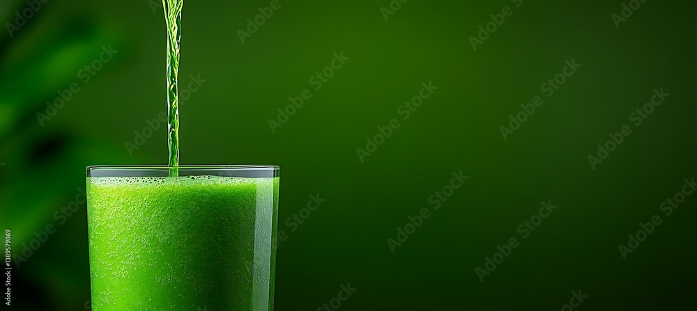 Green liquid pouring into a glass over a vibrant green background