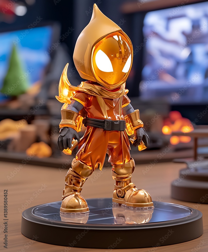Golden metallic figurine of a glowing character standing on a platform