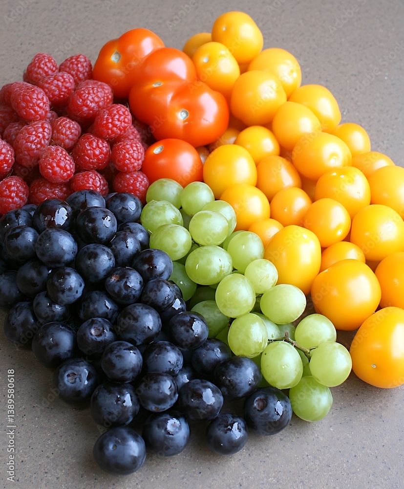 Colorful arrangement of fresh ripe fruits in different shades