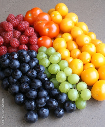 Obraz na płótnie Colorful arrangement of fresh ripe fruits in different shades w salonie