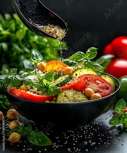 A vibrant and colorful salad is being topped with quinoa