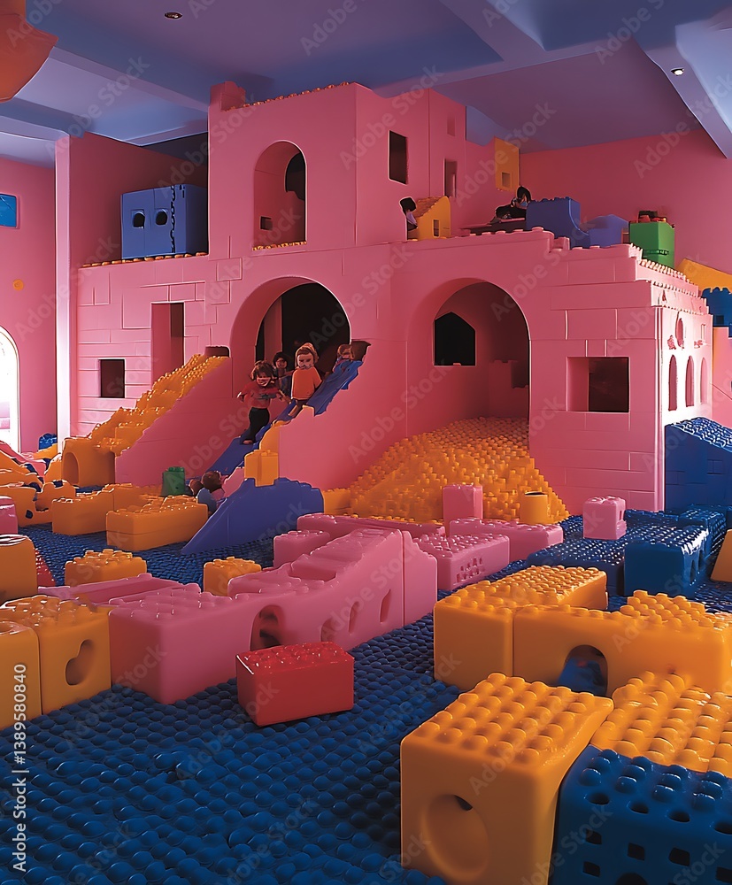 Children playing inside a large structure made of colorful building blocks