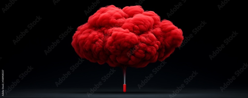 A solitary red cloud resembling an umbrella sits on black background