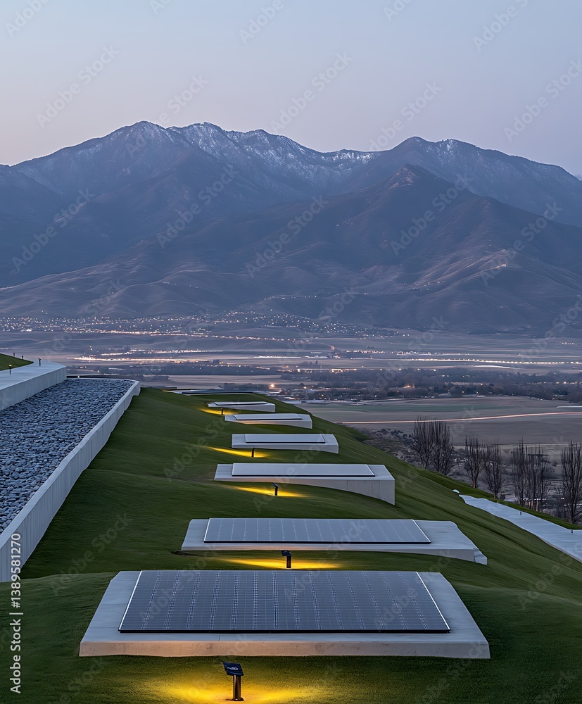 Solar panels on a green hillside overlook a beautiful mountain landscape