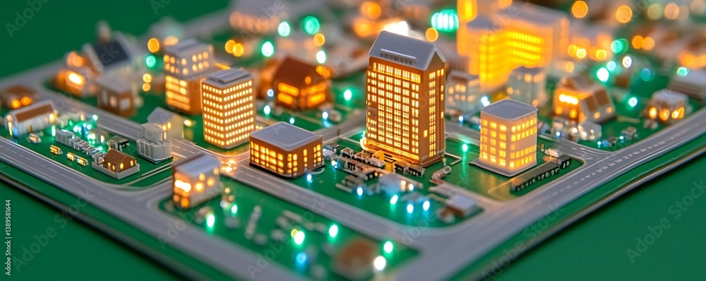 Miniature illuminated model of a modern vibrant city landscape