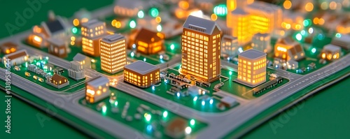 Obraz na płótnie Miniature illuminated model of a modern vibrant city landscape w salonie