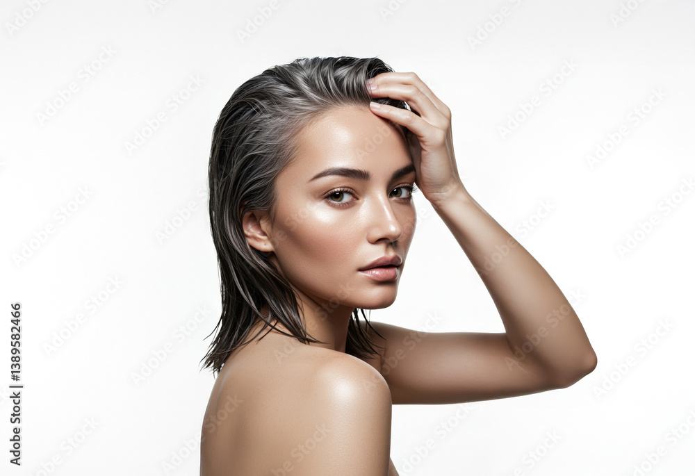 Fototapeta premium Elegant Woman with Long Flowing Hair Posing Gracefully Against a Bright Minimalist White Background - Created by AI