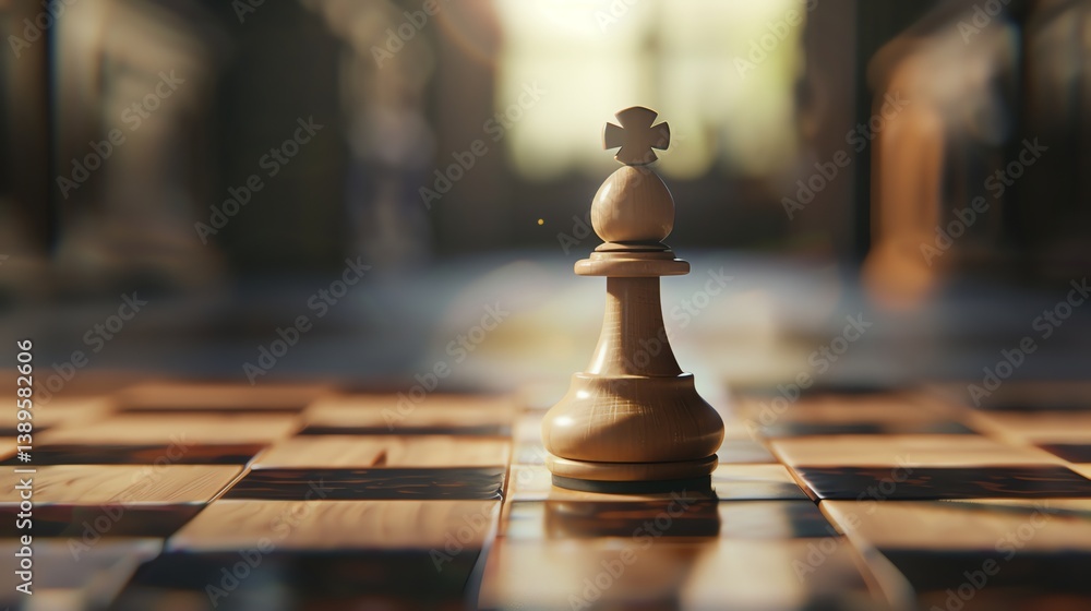 Fototapeta premium A wooden chess pawn standing alone on a chessboard.