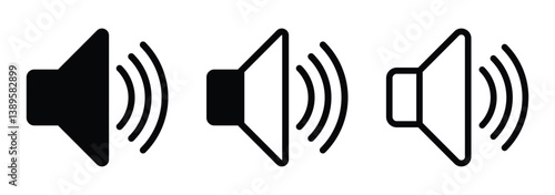 Speaker icon. Volume speaker icon set. Audio output icons in flat and outline styles. Sound volume symbol vector pack. Multimedia volume icons for interface design.