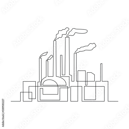 One continuous line drawing of chimney, gas turbine generator and heat recovery steam generator in the power plant industry in simple linear vector illustration. Power plant design concept vector.