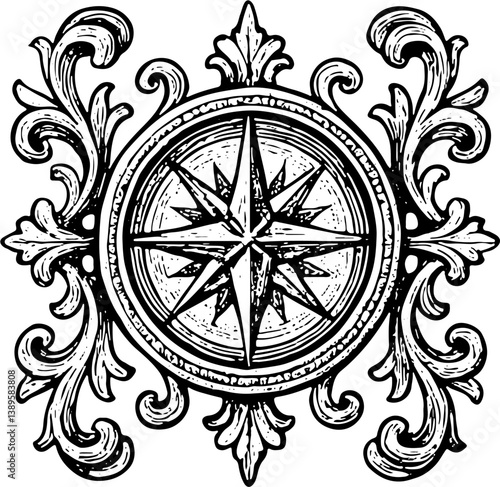 Nautical ornament. Vintage compass rose in sketch style. Vintage illustration