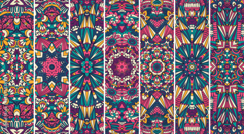 Set of banners. Ethnic boho geometric ornament decorated print . Vector seamless pattern mandala bookmark