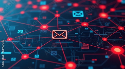 Cybercrime Prevention for Small Business Concept. Digital network concept with email symbols and interconnected nodes in vibrant colors.