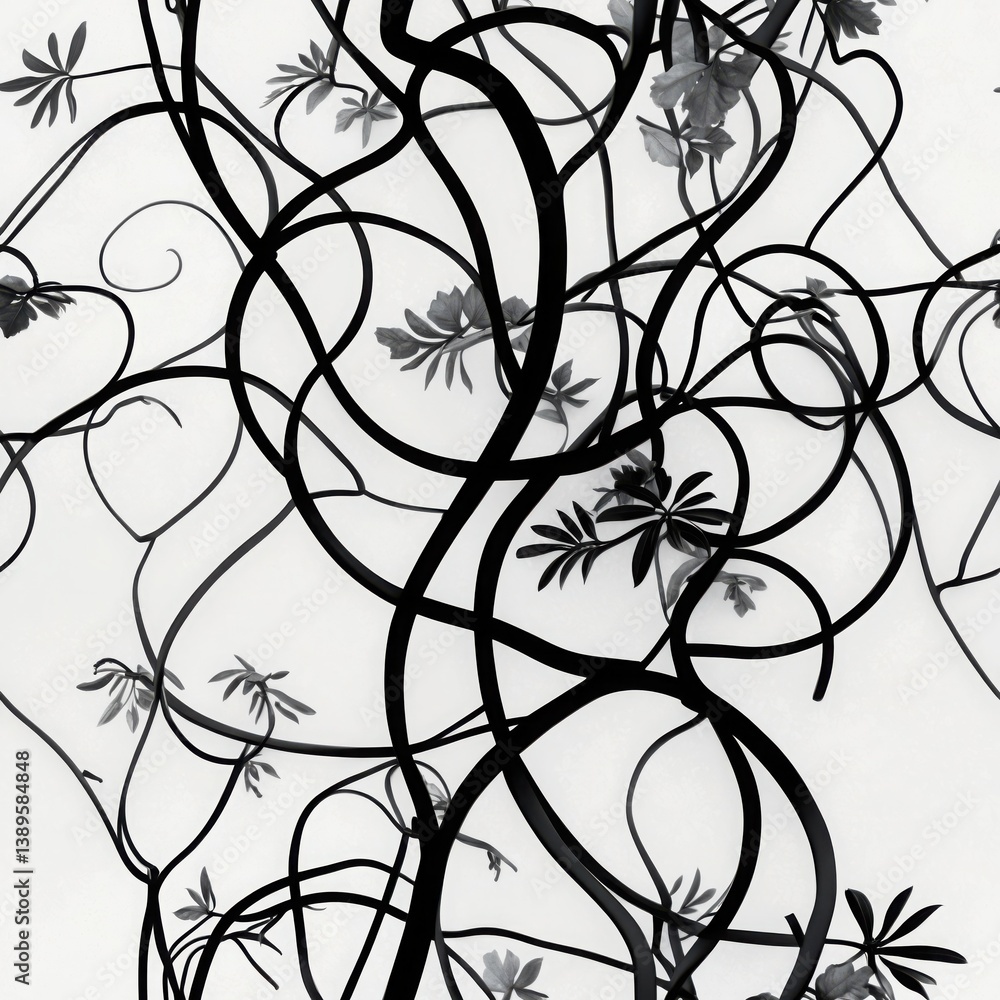 Obraz premium Black pattern illustration. Seamless pattern with background. Curved lines and leaf shape design.