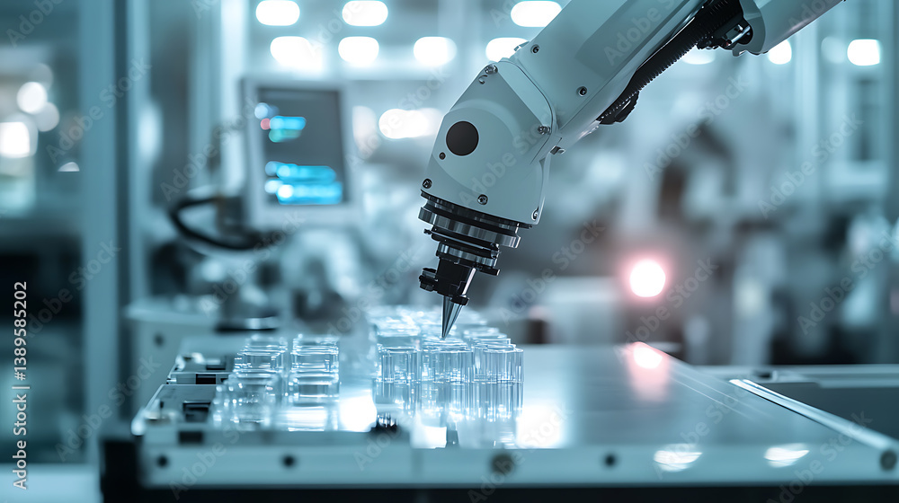 A precision robotic arm delicately handling fragile glass components in an advanced optics manufacturing facility, glowing control panels monitoring movements, High-tech style A precision robotic arm delicately handling fragile glass components in an advanced optics manufacturing facility, glowing control panels monitoring movements, High-tech style