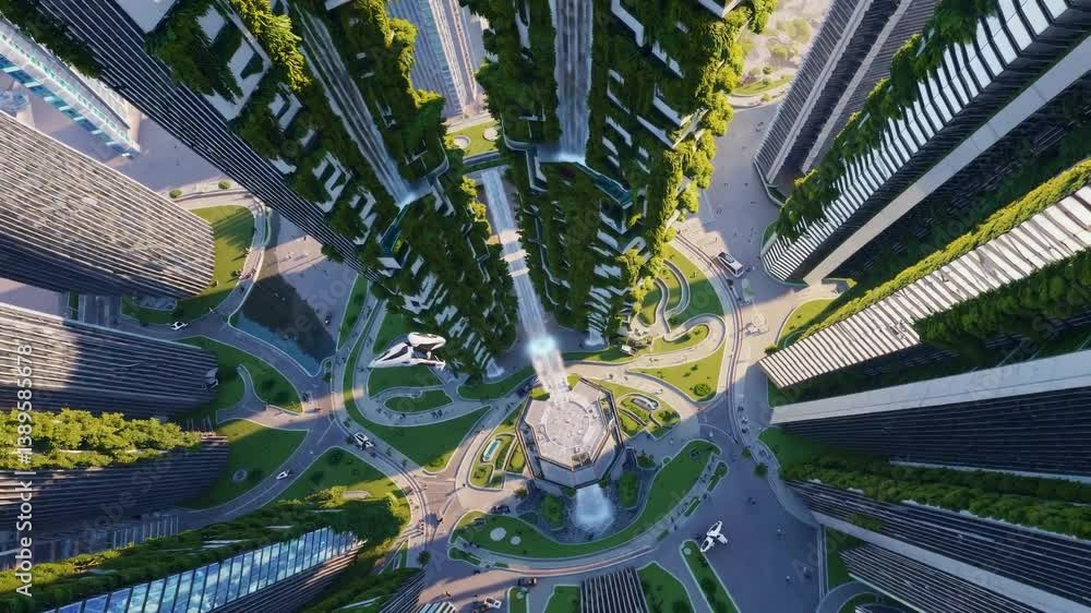 Vidéo Stock Aerial view of a futuristic eco-city with vertical gardens ...