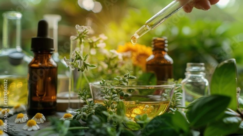 A scientist is pouring a liquid into a bottle surrounded by various plants