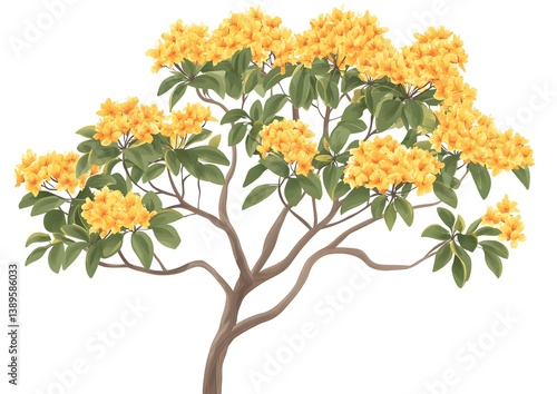 Lush flowering tree with vibrant yellow blossoms and lush green leaves