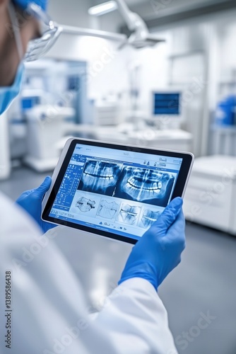 Dentist examining dental X-ray image displayed on a digital tablet.