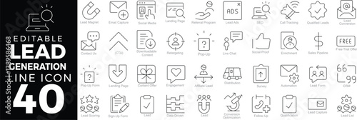 Lead Generation Web Icons Set in Line Style. Linear Icons Collection Featuring Lead Capture, Marketing Strategies, Sales Funnel, and Conversion Optimization. Editable Stroke.