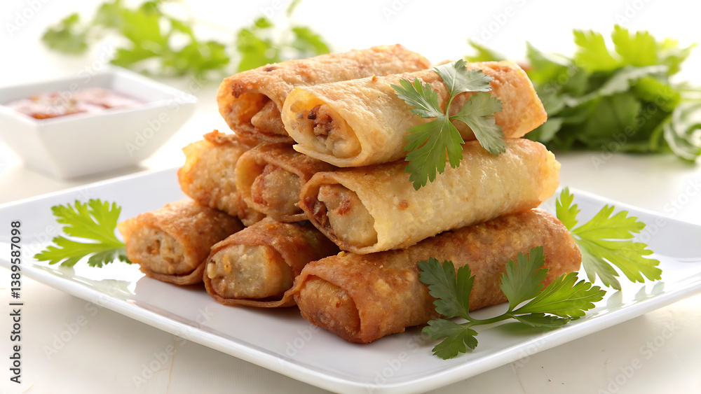 Golden Crispy Spring Rolls Stuffed with Flavorful Meat and Vegetables, Garnished with Fresh Cilantro and Served with a Savory Dipping Sauce on a White Plate – A Delicious Asian-Inspired Appetizer Golden Crispy Spring Rolls Stuffed with Flavorful Meat and Vegetables, Garnished with Fresh Cilantro and Served with a Savory Dipping Sauce on a White Plate – A Delicious Asian-Inspired Appetizer